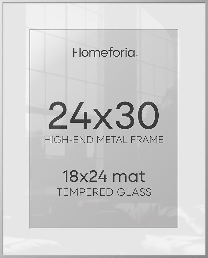 Homeforia 24x30 Silver Picture Frame, High-End Metal, 18x24 Mat, Glass