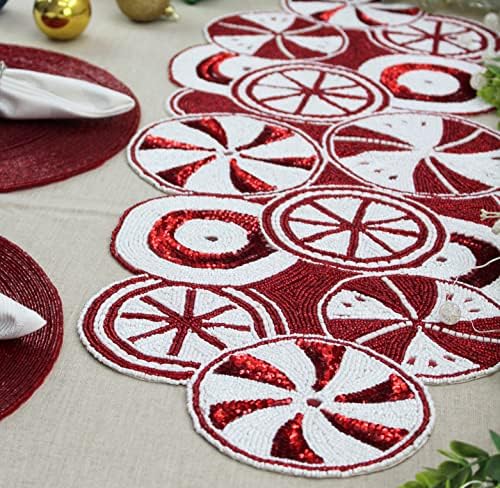 COTTON CRAFT Christmas Beaded Table Runner -13x36 inch Candy Cane Red