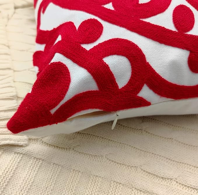 Alysheer Christmas Red Embroidered Decorative Throw Pillow Covers 18"x18" Set of 2, Cozy Warm Boho Mandala Knit Patterned Durable Cotton Canvas Cushion Cases for Sofa Couch Living Room Xmas Decor