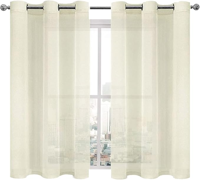 DWCN Ivory Sheer Curtains Linen Look Semi Transparent Voile Grommet Curtains for Living Dining Room Drapes 46 x 45 Inch Long, Set of 2 Panels