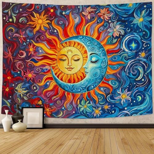 Accnicc Sun and Moon Tapestry Boho Hippie Orange Red Blue Floral Tapestry for Bedroom Aesthetic Abstract Plant Flowers Stars Small Tapestries Wall Hanging for Living Room Dorm 90 x 68 Inch