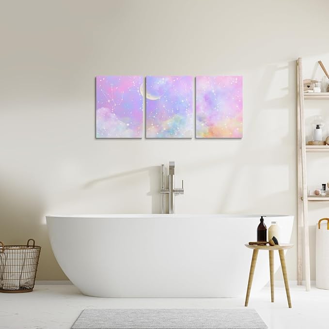 Feelyou Purple Pink Galaxy 3 Piece Canvas Wall Art for Living Room Bedroom Moon Star Wall Art for Home Decor Solar System Office Wall Decor Cloud Galaxy Wall Painting