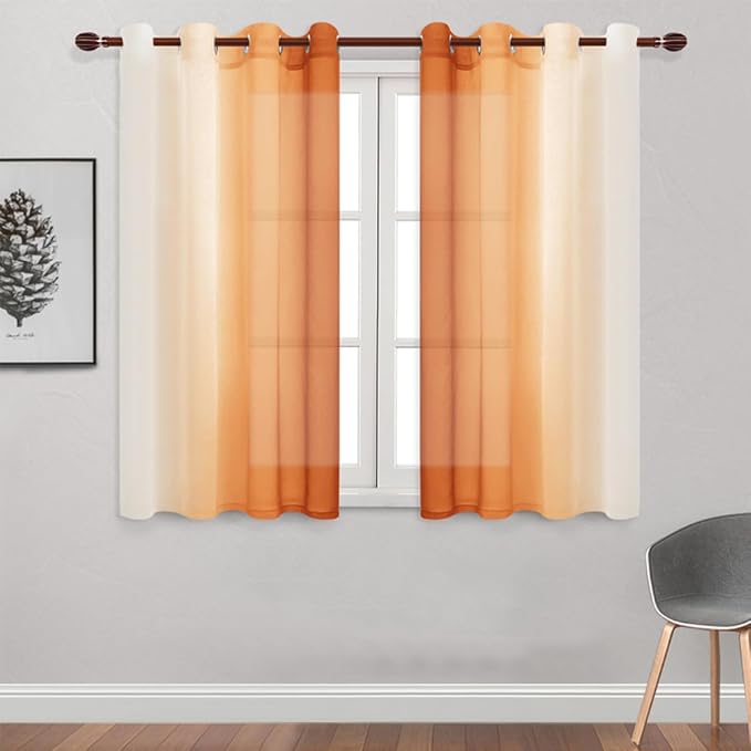 DWCN Faux Linen Ombre Sheer Curtains - Autumn Short Curtains Gradient Semi Voile Curtains for Kitchen and Living Room, Set of 2 Grommet Top Window Curtain Panels, W52 x L54 Inches, Sunset Orange