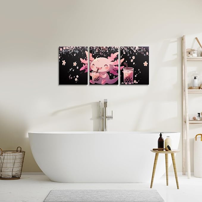 Feelyou Boys Girls Cute Axolotl Canvas Wall Art for Living Room Bedroom Cartoon Salamander Picture Wall Decor Cherry Blossoms Wall Painting Posters Kids Kawaii Bathroom Wall Art 12"x16"x 3Pcs