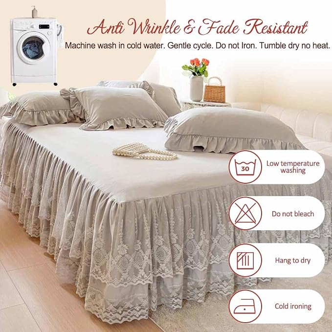Lace Bed Skirt & Bedsheet Queen Size - 17 in. Drop, Easy Fit Ruffled Bedskirt Wrap Around Bedcover, Anti Wrinkle & Fade