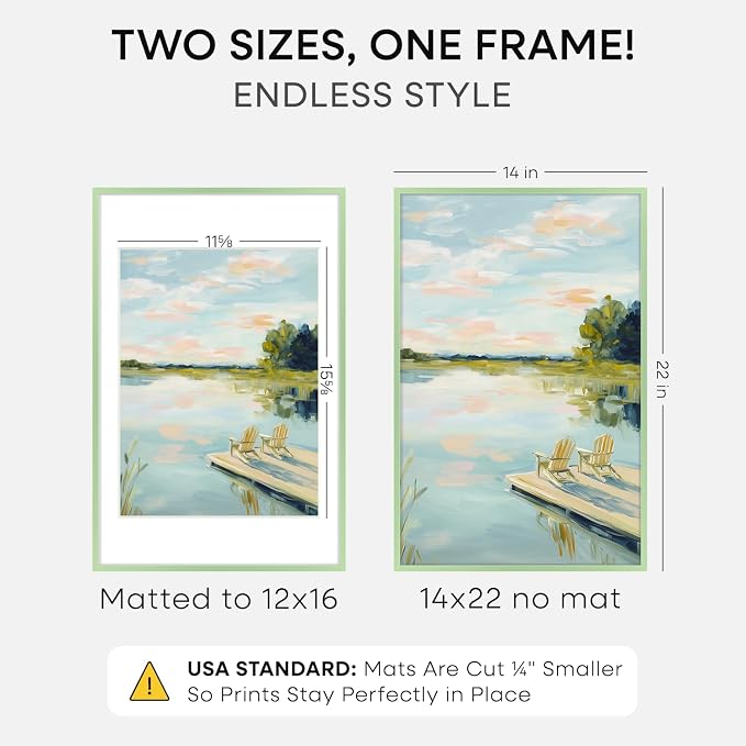 Homeforia 14x22 Green Picture Frame, High-End Metal, 12x16 Mat, Glass