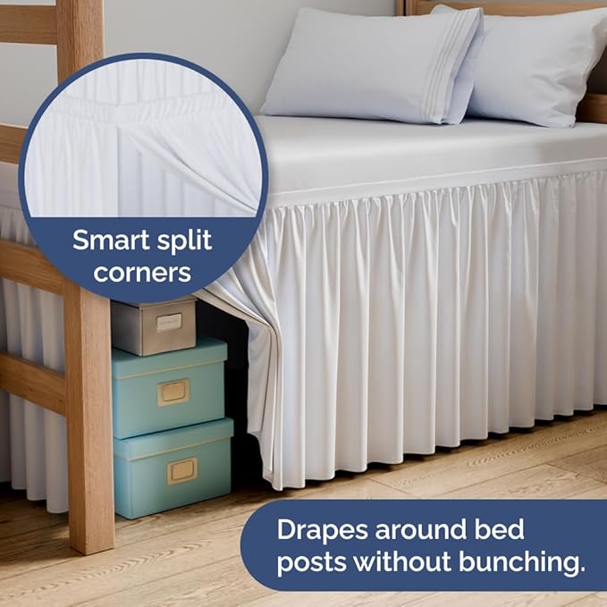 Dorm Room Bed Skirt Twin XL - College Dorm Room Essentials - White, 36 Inch | Extra Long Dust Ruffled College Bedskirt with Split Corners, Easy Fit Elastic Strap, Adjustable, Fade & Wrinkle Free