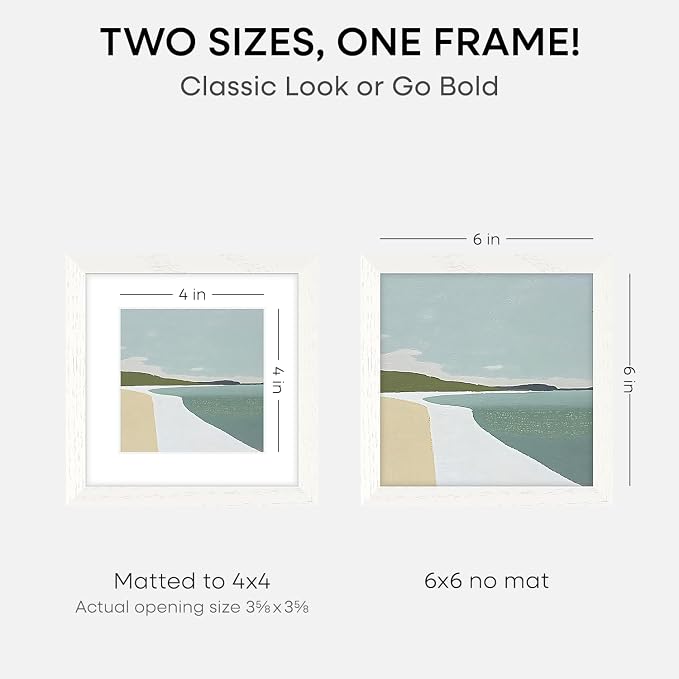 Homeforia 6x6 White Oak Picture Frame, High-End Wood, 4x4 Mat, Glass