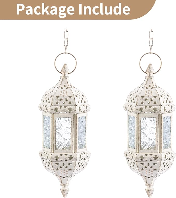 2 Pcs Moroccan Lantern Metalwork Hanging Tealight Candle Holder Metal Glass Indoor Outdoor Battery Operated LED Flameless with 35cm Chain, White