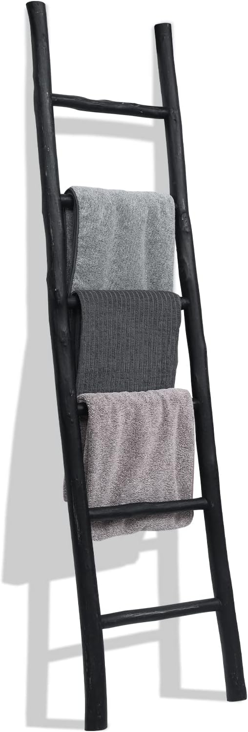 FUIN Blanket Ladder, 6ft Rustic Solid Wood Decorative Ladder, Black | Farmhouse living room accent, Layered blanket towel quilt display, Visible wood grain, Bathroom and Bedroom use