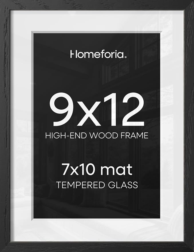 Homeforia 9x12 Black Oak Picture Frame, High-End Wood, 7x10 Mat, Glass