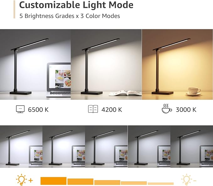 Lepro Desk Lamp with USB Charging Port for Home Office, 650LM 9.5W, Black