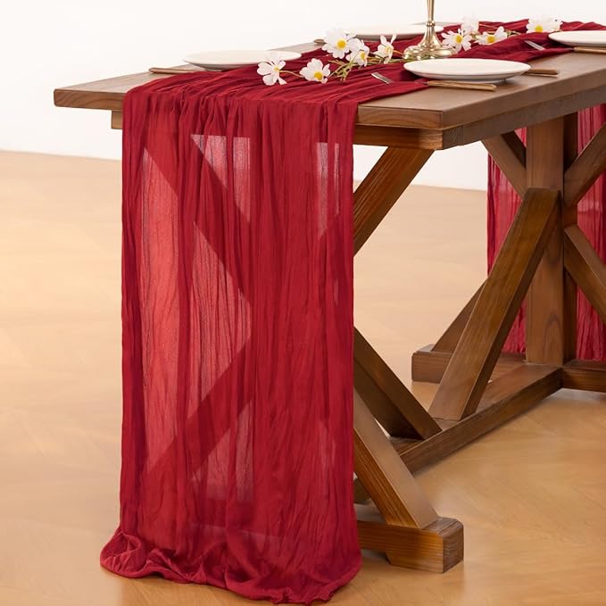 Cheesecloth Table Runner Fall Red Boho Wedding Birthday Party Home Decor | Red 10pcs Rustic Gauze 10FT Cheese Cloth Sheer Farmhouse Dining Runner for Baby Shower Bridal Holiday Decorations