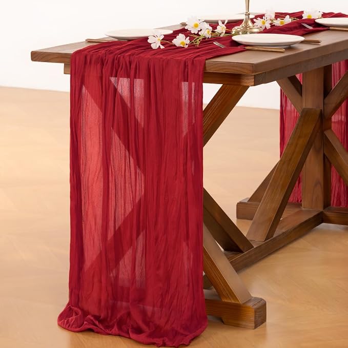 Cheesecloth Table Runner Fall Boho Wedding Birthday Party Home Decor | Red 3pcs Rustic Gauze 10FT Cheese Cloth Sheer Farmhouse Dining Runner for Baby Shower Bridal Holiday Decorations
