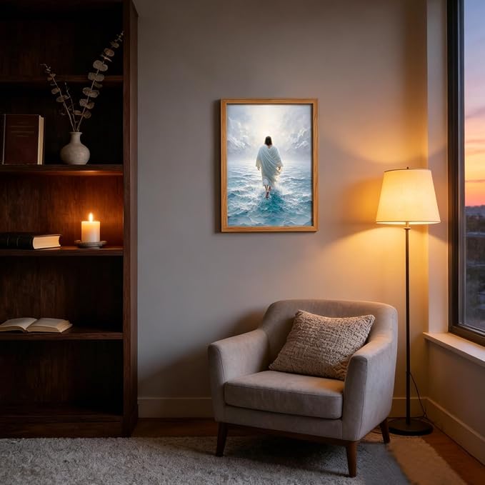 AUUAUU Jesus Walks on Water Wall Art Christian Canvas Painting 12x16 Inches | Wooden Framed Religious Picture Prints Bible Stories Artwork Wall Decor for Living Room Bedroom Prayer Room Ready to Hang