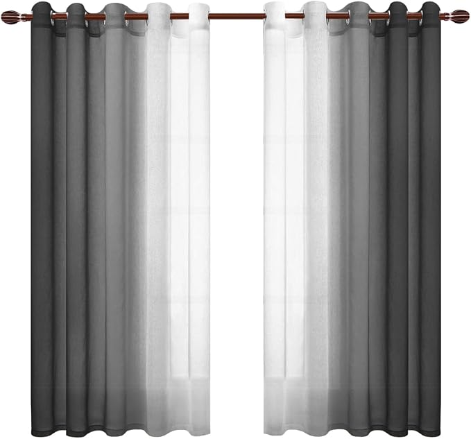 DWCN Black Ombre Faux Linen Sheer Curtains - Extra Wide Gradient Semi Voile Light Filtering Grommet Top Bedroom and Living Room Curtains, 60 x 63 Inches Long, Set of 2 Window Curtain Panels