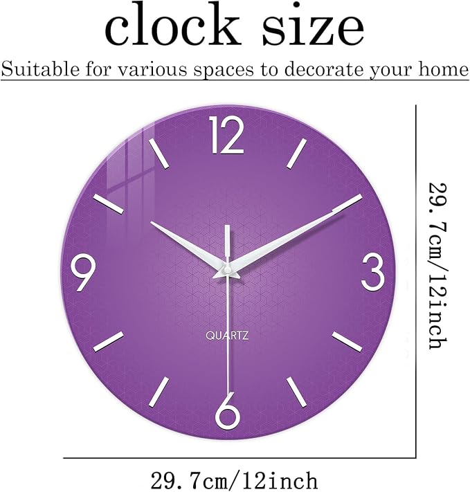 XFM Purple Wall Clock for Girls Women Bedroom 12 Inch | Silent Non-Ticking Battery Operated Simple Small Round Decorative for Living Room Kitchen Home Office