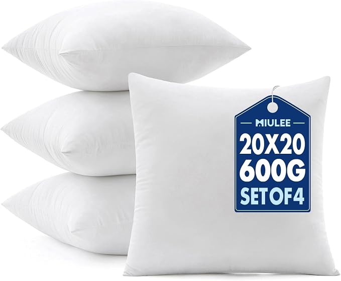 MIULEE 20x20 Pillow Inserts 4 Pack, 100% Virgin Fiber Filling Throw Pillows | Decorative Pillows for Sofa Bed Couch, Firm and Full Pillows, Excellent Support, Soft Brushed Fabric