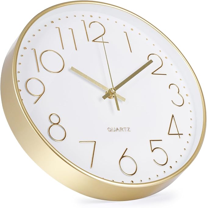 Wall Clock 10 Inch Non-Ticking Silent Modern Simple Style Round Decor Clock Gold Stereoscopic Dial Quartz Wall Clocks for Home/Office/School/Living Room/Bedroom/Kitchen