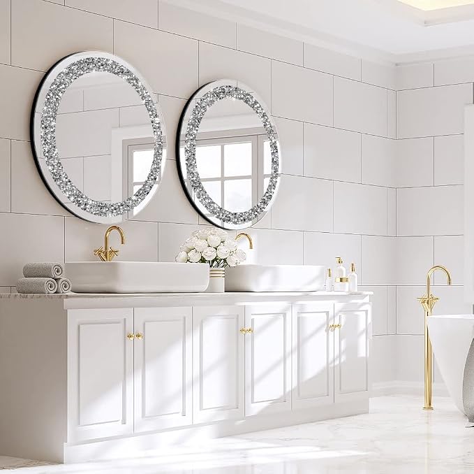 QMDECOR Round Wall Mirror 28x28 inch Crystal Crush Diamond Decor for Home Decoration Silver Mirror.