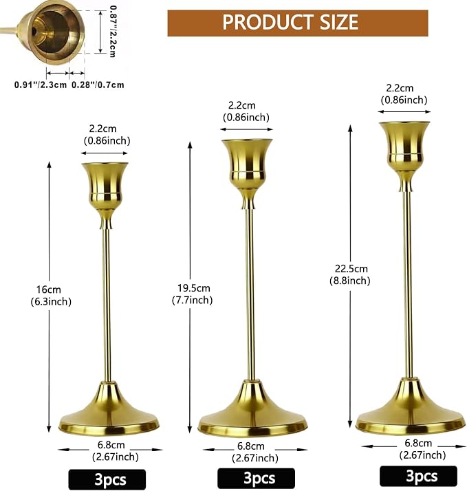 1 Sets Candle Holder Brass Gold Candlestick Holders -Vintage Modern Metal Taper Candle Holders, Decorative Centerpiece for Table Mantel, Wedding Kitchen Home Decor, Wedding Gift,3Pcs