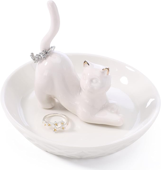 HOME SMILE Ceramic White Cat Ring Holder, Cat Jewelry Tray for Cat Lovers for Women, Christmas, Valentine's Day, Mother's Day