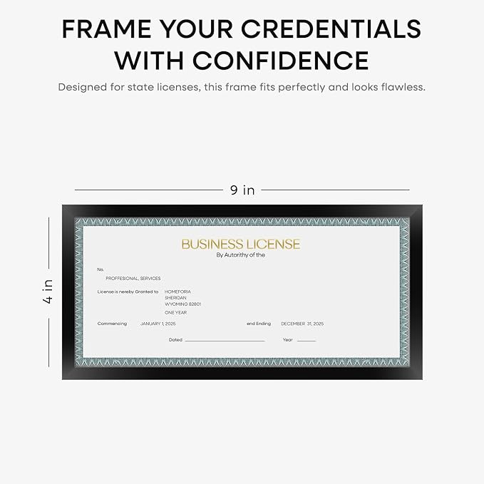 Homeforia 4x9 Black Business License Frame, High-End Metal, Glass