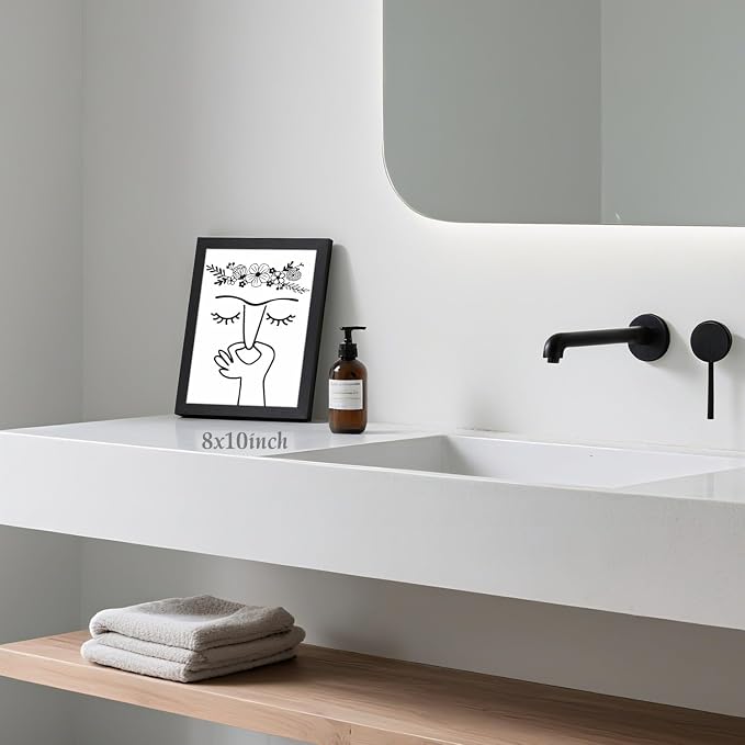 LLEEMPI Funny Pinching Nose Bathroom Wall Art, 8x10 Wood Framed Print | Black and white minimalist line art with playful bathroom humor for restroom, office or hallway; a unique housewarming gift.