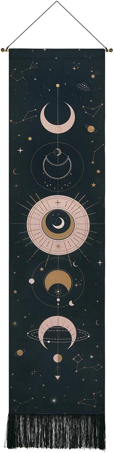 Moon Phase Wall Hanging Art - Bohemian Tapestry for Room (Black, 12.8 x 51.2 inches)