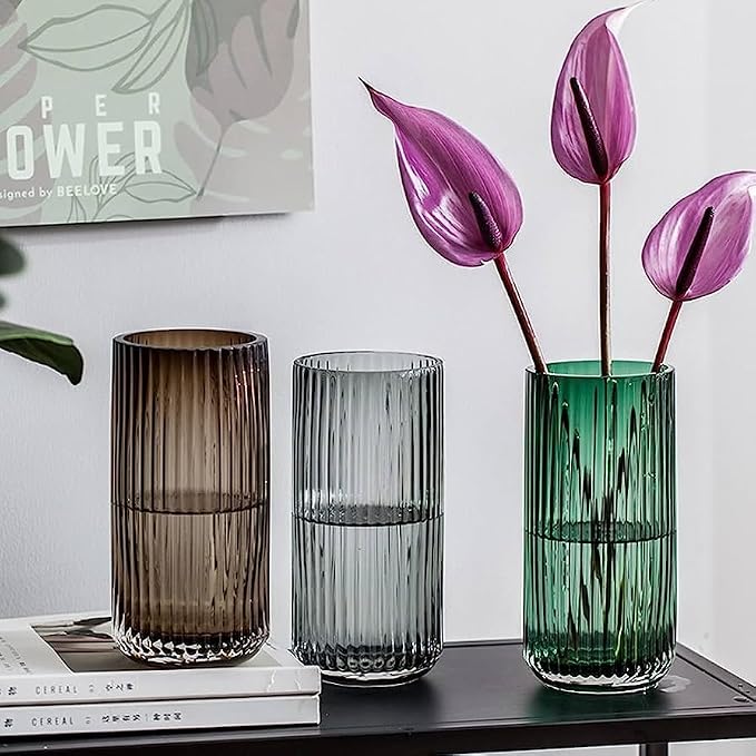 DECORPIA 8 Inch Premium Thickened Green Glass Vase - Ribbed Glass Flower Vase for Rustic Home Decor, Decorative Vases for Flowers for Modern Farmhouse, Ideal for Shelf, Mantle, Table Entryway Décor