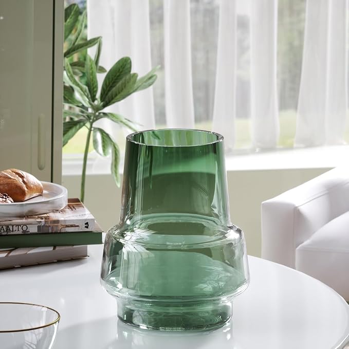 Relexome Green Glass Flower Vase for Centerpieces Bouquet Flowers Modern Wide Mouth Glass Vase Decorative Bud Vases for Home Decor, Living Room, Kitchen, Dining Table, Entryway 7.3 Inch