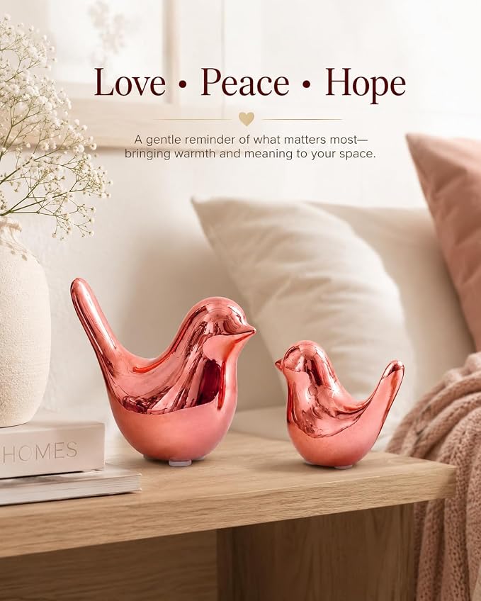 Small Pink Ceramic Birds,2 Pack Handcrafted Decorative Figurines for Home, Office, Desk, Shelf, Tabletop, Living Room, Bedroom, Coffee Table Décor, Gift for Housewarming and Holidays