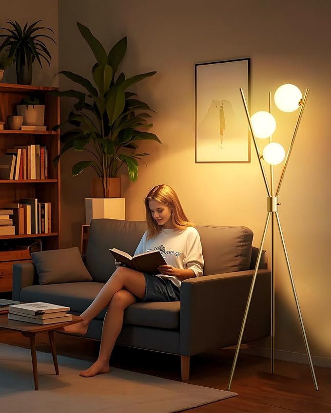 Lightdot Tripod Floor Lamp Stepless Dimmable Globe Modern Floor Lamp Gold Standing Lamps with Stable Base& 3PCS 3000K Bulbs Included Mid Century Floor Lamps for Living Room/Sofa Beside/Corner Decor