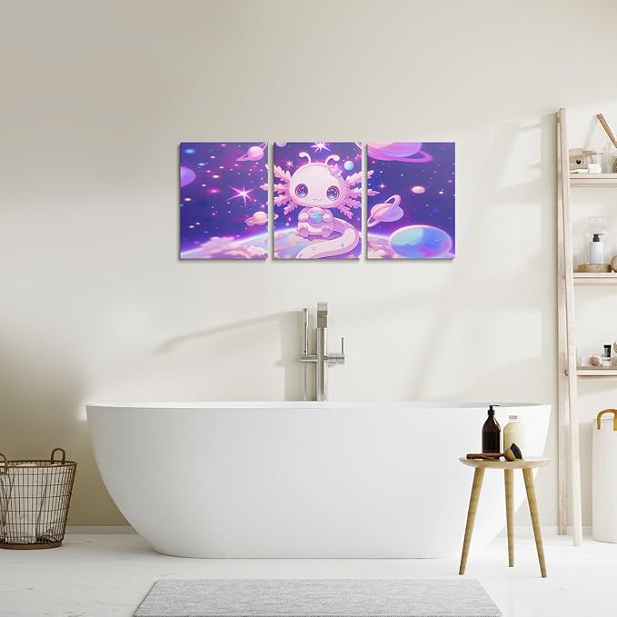 Feelyou Kids Cute Axolotl Wall Painting Posters Galaxy Planet Space Picture Wall Decor Boys Girls Cartoon Animal Canvas Wall Art Living Room Bedroom Dreamy Starry Bathroom Wall Art 12"x16"x 3Pcs