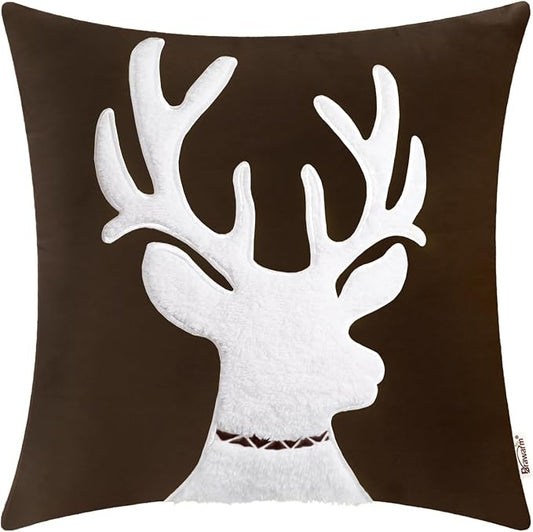 BRAWARM Christmas Pillow Cover 18 X 18 Inches, Coffee Reindeer Embroidered Pillow Cover, Soft Velvet Decorative Throw Pillow for Couch Bed Sofa Living Room Home