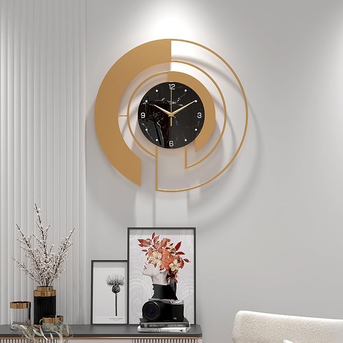 18-Inch Modern Large Metal Wall Clock, Marble-Patterned Tempered Glass Dial, Silent, Non Ticking, Battery Operated Gold Creative Clock, for Bedroom aqnd Living Room Home Wall Decoration