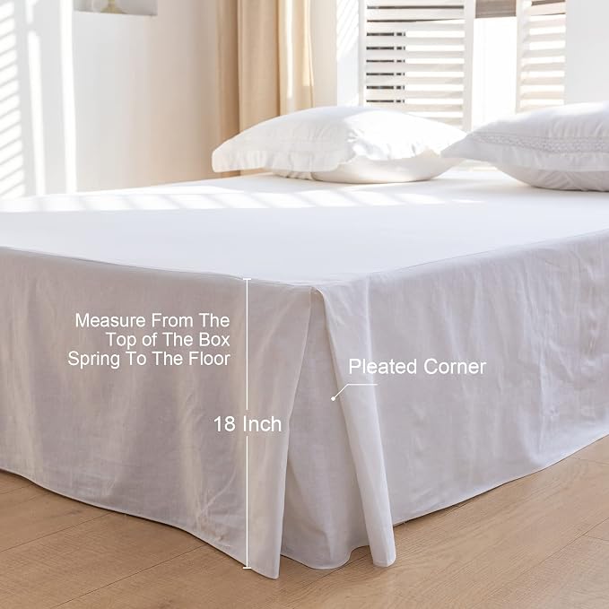 BISELINA French Linen Bed Skirt with Pleated Corner 18-Inch Tailored Drop Natural Flax Cotton Blend Basic Dust Ruffle Soft Cozy Farmhouse Bedding (18" Twin, Basic White)