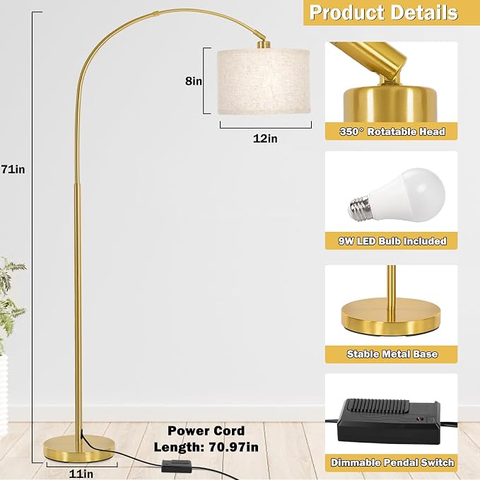 Gold Arc Floor Lamp with Dimmer, Dimmable Floor Lamp with Adjustable Head