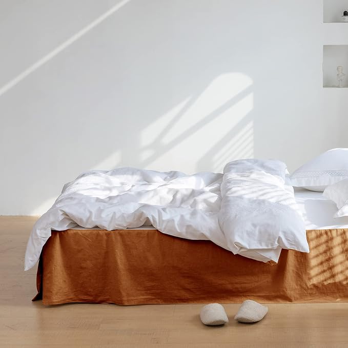 BISELINA French Linen Bed Skirt with Pleated Corner 14-Inch Tailored Drop Natural Flax Cotton Blend Basic Dust Ruffle Soft Cozy Farmhouse Bedding (14" King, Basic Rust)
