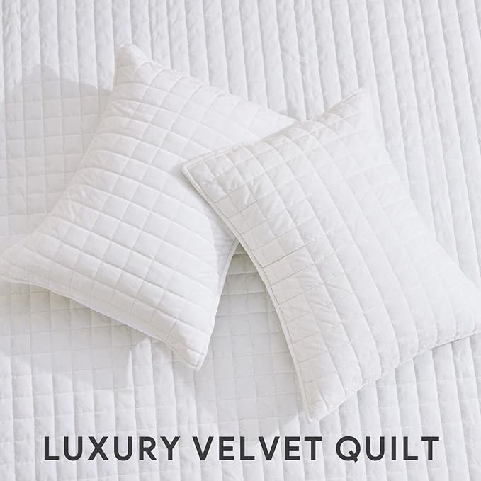 RECYCO Velvet Quilt Set, Oversized California King 118"x106", Bright White | Channel Box Stitch Velvet Comforter Set, Ultra Soft Lightweight Bedspread Coverlet, All Season Bedding Set, with 2 Shams