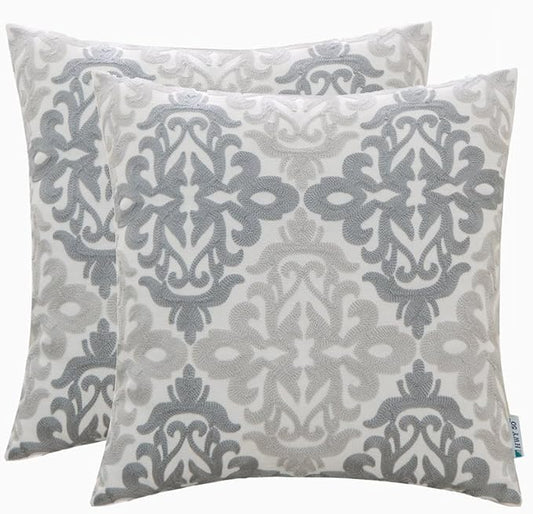 HWY 50 Gray Grey Decorative Throw Pillow Covers 18x18 Inch, Pack of 2 Embroidered Linen Farmhouse Cushion Cover Pillow Case for Sofa Couch Living Room Bed Bedroon, Accent Geometric