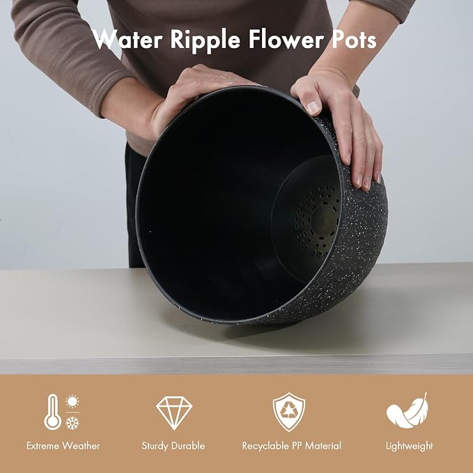 WSMKSZ 12 Inch Wide Water Ripples Flower Pots for Indoor or Outdoor Plants, Large Plant Pots with Drainage Holes & Saucer, Plastic Planters Set for Garden & Home Decor (Black with White Speckles)