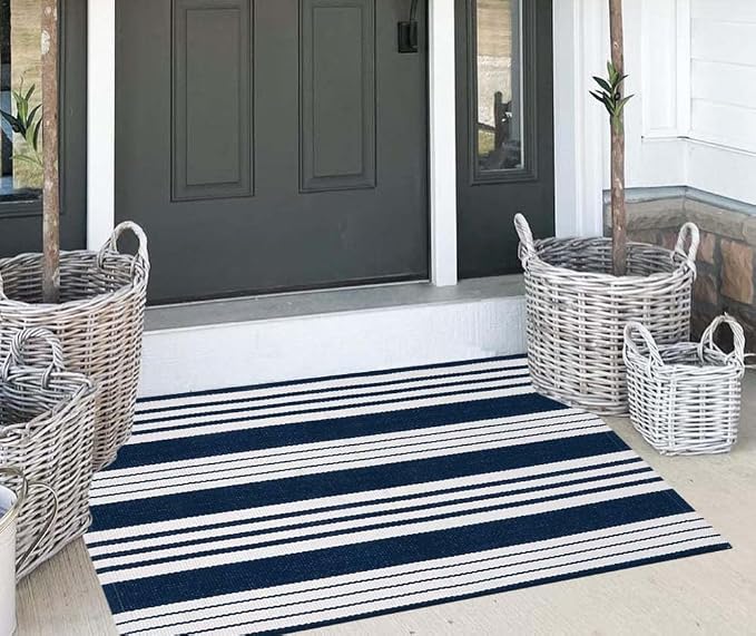 Blue and White Layered Doormat 27.5"x43.3"Cotton Door Mat Outdoor Porch Rug | Hand-Woven Washable Farmhouse Indoor/Outdoor Rug Combined With Hello Welcome Mat