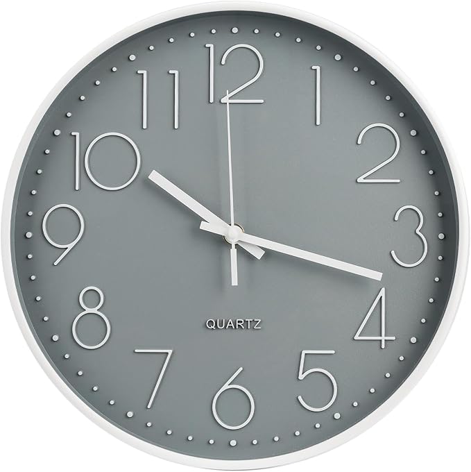 Wall Clock 10 Inch Non-Ticking Silent Modern Simple Style Round Decor Clock Gray Stereoscopic Dial Quartz Wall Clocks for Home/Office/School/Living Room/Bedroom/Kitchen