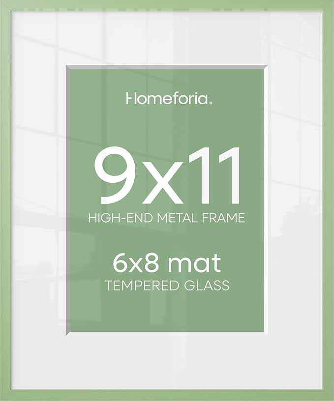 Homeforia 9x11 Green Picture Frame, High-End Metal, 6x8 Mat, Glass