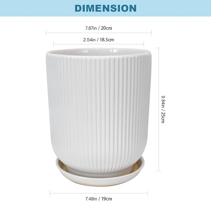 Deep Dream 8 Inch Ceramic Pots for Plants, Heavy Plant Pot for Indoor Outdoor Plants, Large Plant Pot with Drainage Hole and Saucer, Modern Tall Flower Pot, Gifts for Plant Lovers, White