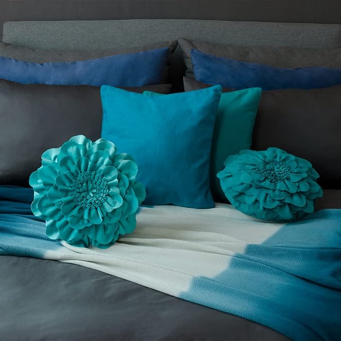 JWH Flower Throw Pillow Cover Decorative Round Pillow Case Floral Cushion for Bed Sofa Couch Car Decor 14 Inches Cyan Green Velvet