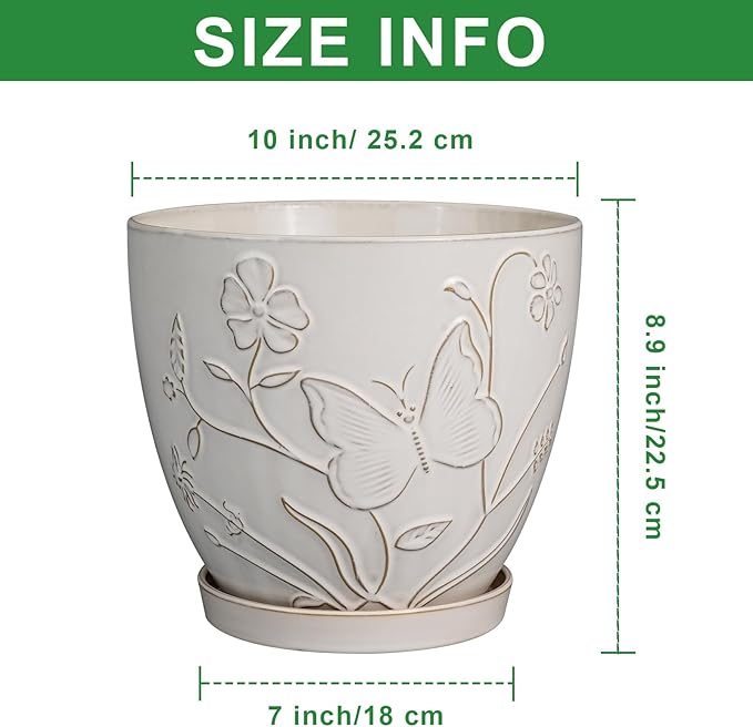 MPotTo 10 Inch Plant Pot Ceramic Planter Pot with Drainage Hole and Saucer Round Planter Large Flower Pot for Indoor Outdoor Plants Home Garden Decor White