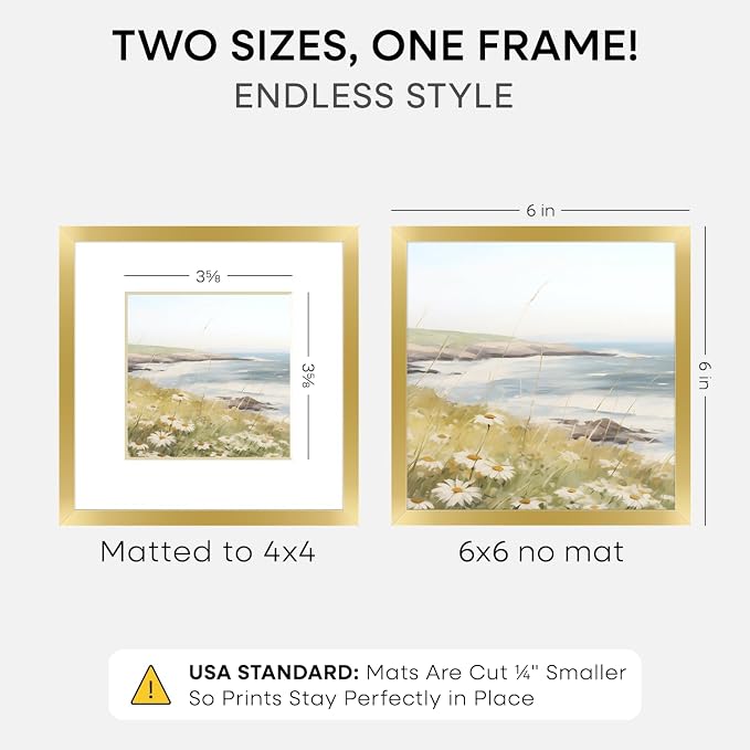Homeforia 6x6 Gold Picture Frame, High-End Metal, 4x4 Mat, Glass