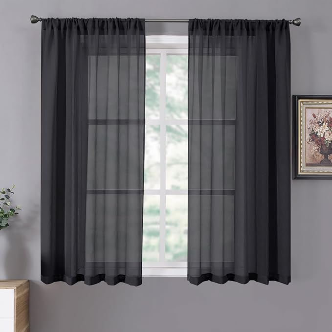 Tollpiz Short Sheer Curtains Linen Textured Living Room Curtain Sheers Light Filtering Rod Pocket Voile Curtains for Bedroom, 42 x 45 inches Long, Black, Set of 2 Panels